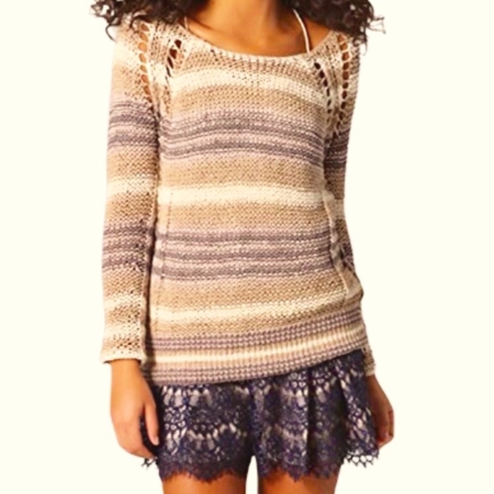 Free People Taupe Beige Gray Ivory Striped Open Loose Knit Sweater, Size Small